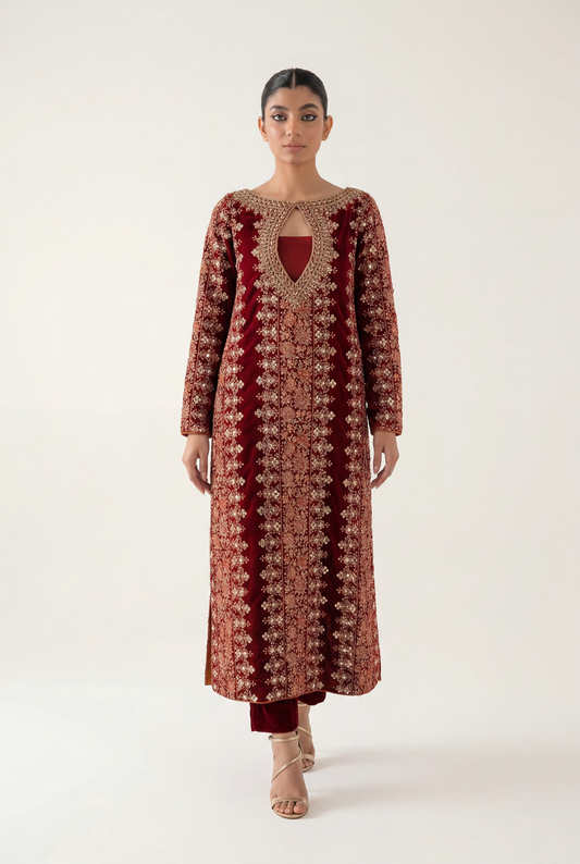 Vanya Maroon Long Shirt 2-Piece - AI Photo