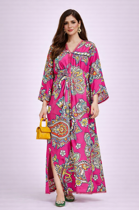 Woman wearing a pink patterned dress with a yellow handbag on a light purple background