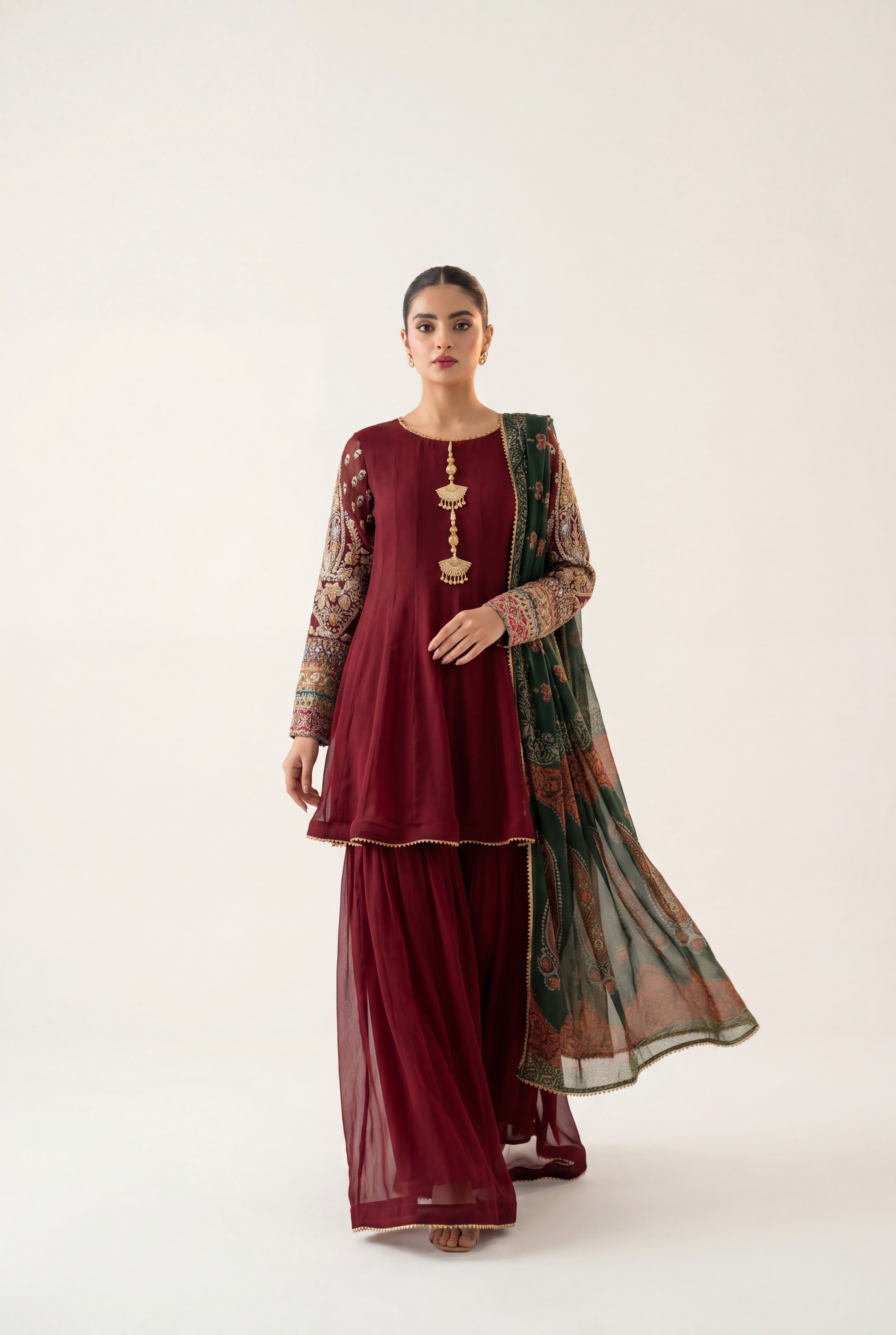 Bandhan Maroon Paplam 3-Piece - AI Photo