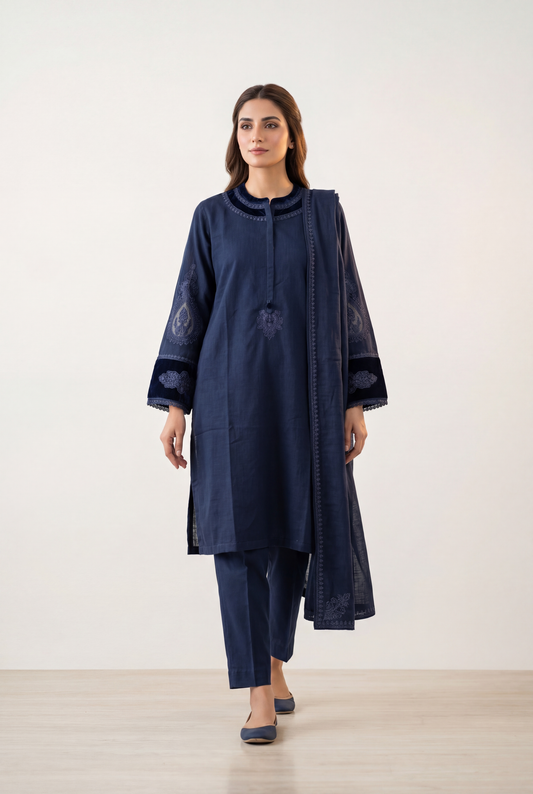 Sadabahar Navy Blue Shirt 3-Piece - AI Photo