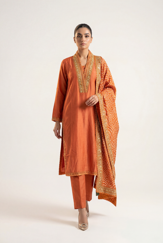 Bandhan Orange Long Shirt 3-Piece - AI Photo