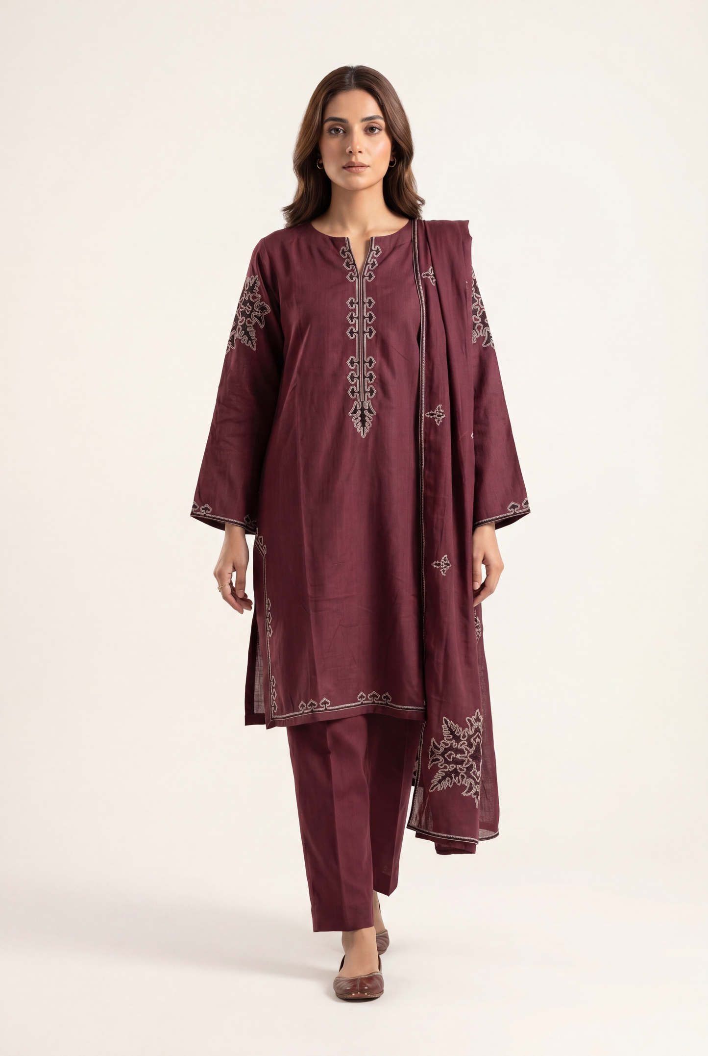 Sadabahar Maroon Shirt 3-Piece - AI Photo