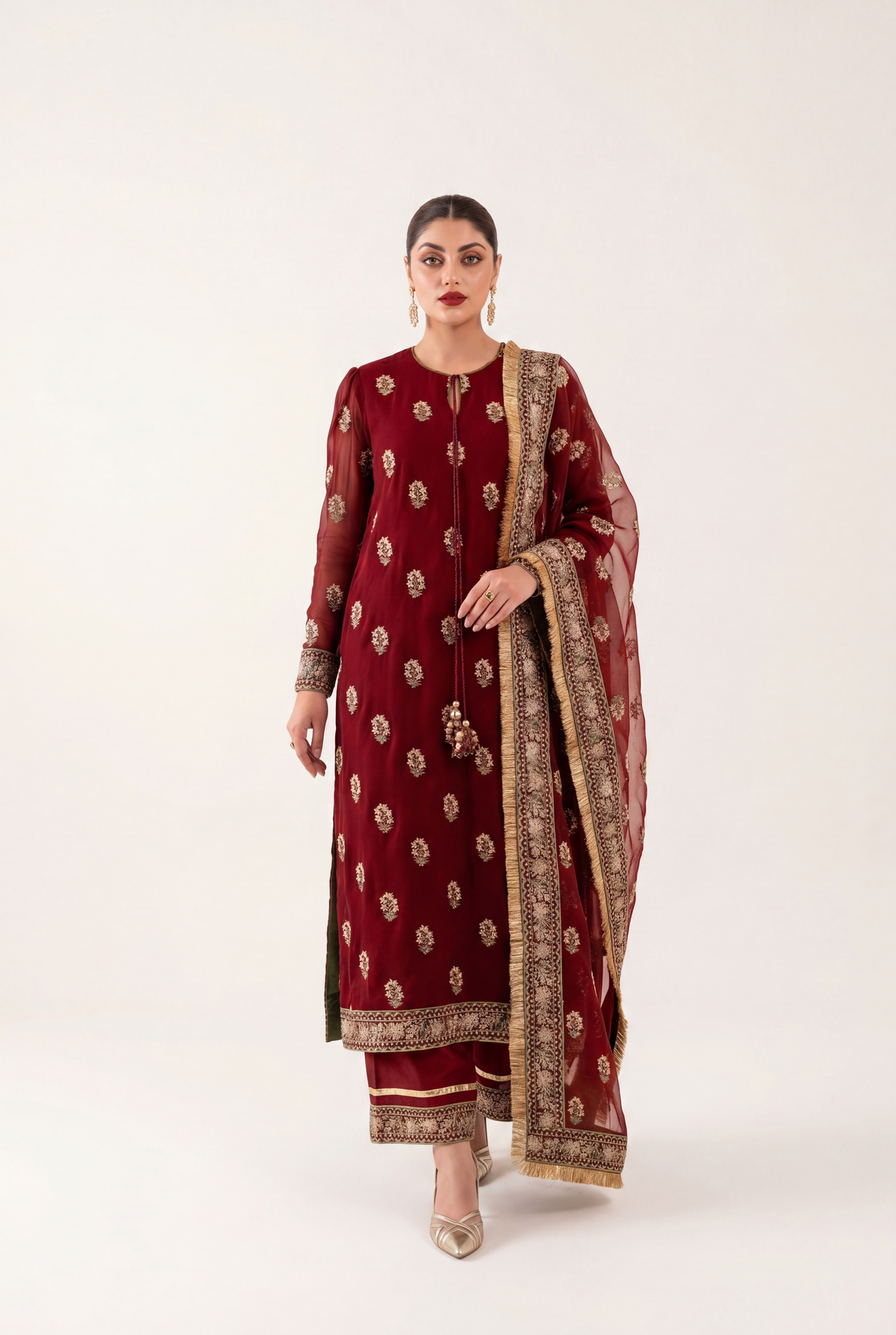 Vanya Maroon Long Shirt 3-Piece - AI Photo
