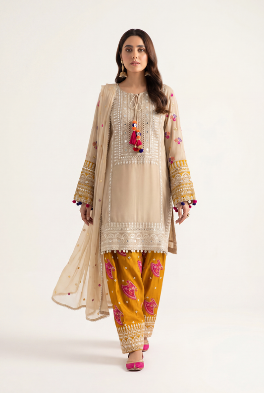 Bandhan Beige Shirt 3-Piece - AI Photo
