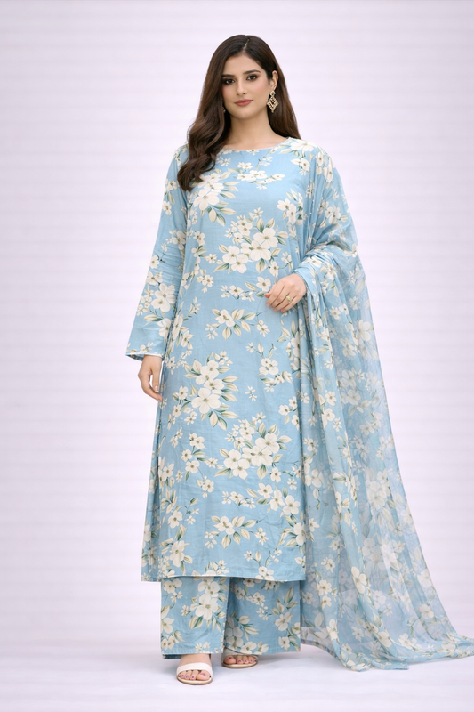 Woman wearing a light blue floral dress on a white background